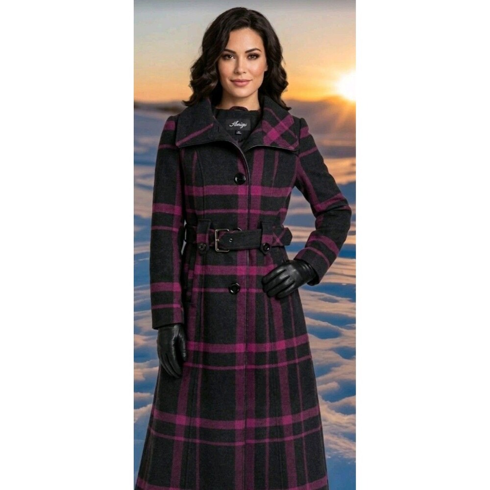 MIRAGE MIDI PLAID JACKET SIZE M BUTTON BELTED POCKETS WOOL BLEND $200 NEW